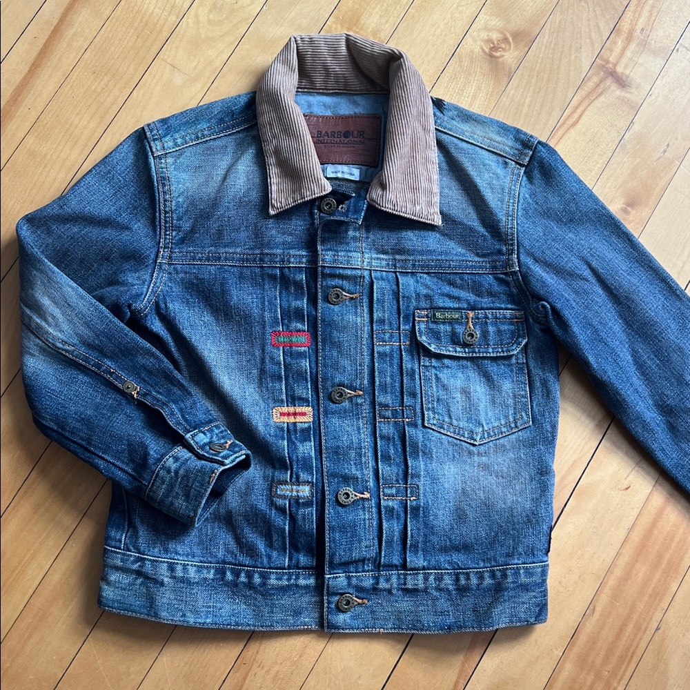 Kids Barbour International Blue Denim Jacket - Tan Collar & Embroidery on back.